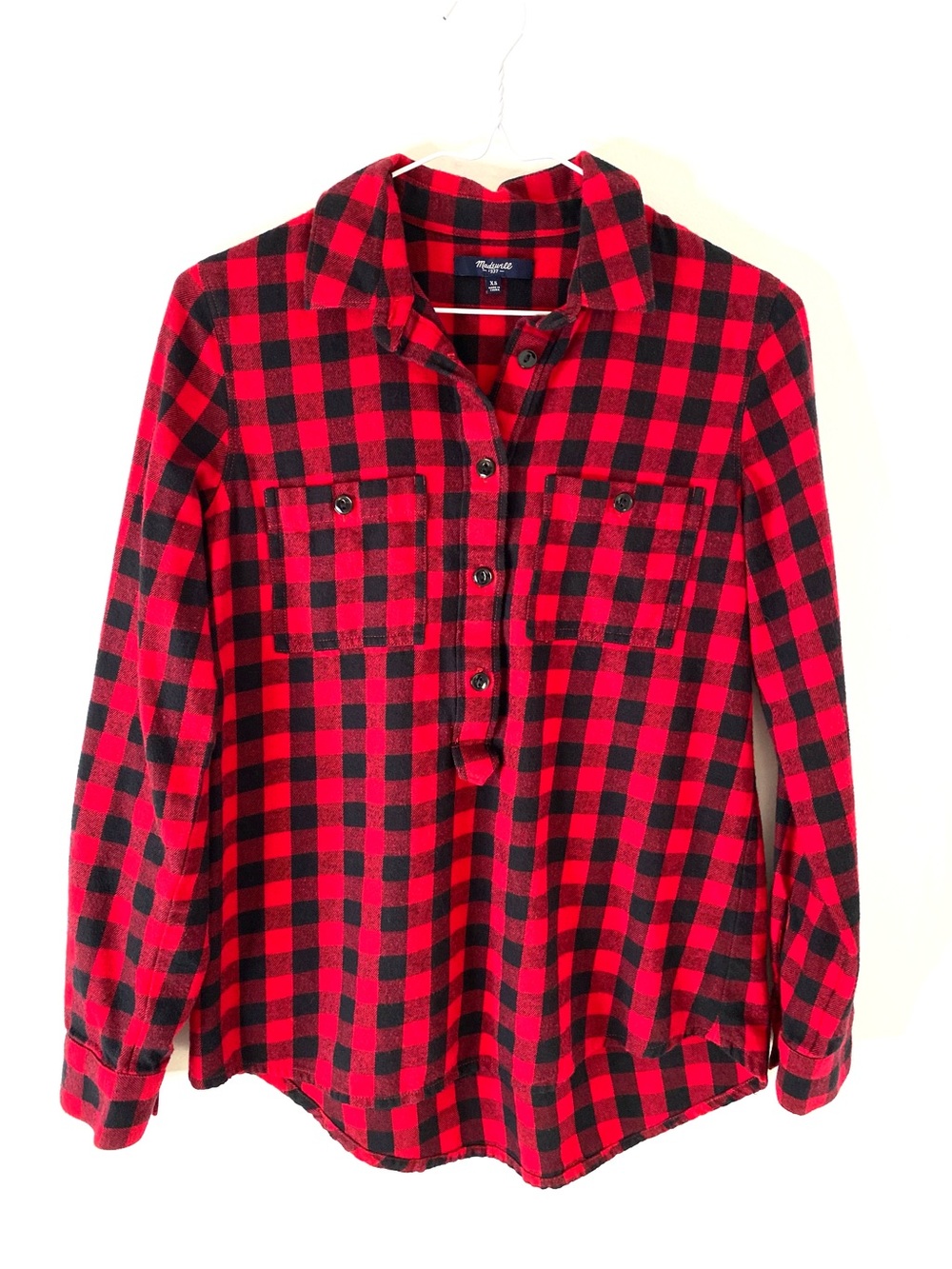 Madewell Red Black Buffalo Check Flannel Button Down Tunic Shirt